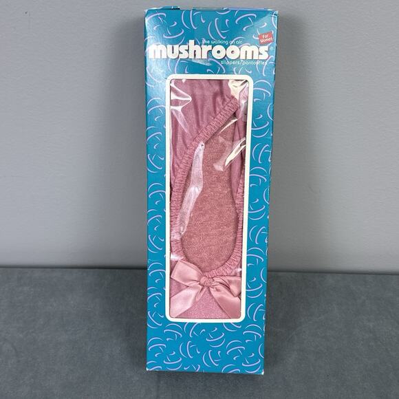 Vintage Mushrooms Slippers House Shoe Pink Satin Women's 8-9 1998 New Deadstock - Picture 1 of 7